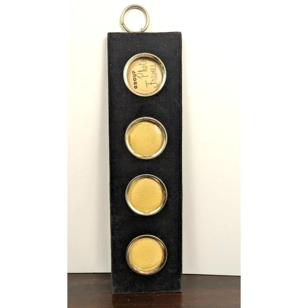 Vintage Japan 4 Opening Velvet Photo Frame Wall Hanging Black Gold MCM 1960s
